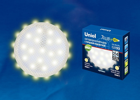 LED-GX53-7W/3000K+3000K/GX53/PR PLB02WH Лампа светодиодная, призма.Теплый белый свет (3000K). Торцевая подсветка, Теплый белый свет (30