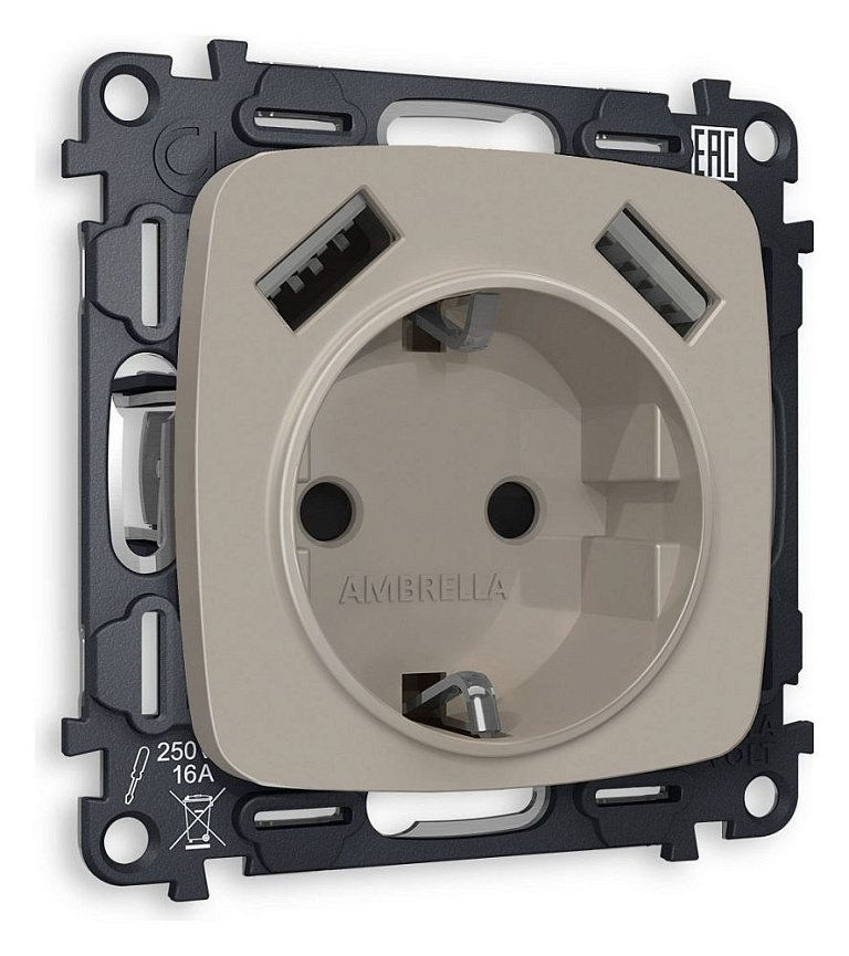 Розетка с заземлением и 2хUSB type A, без рамки Ambrella Volt OMEGA MO369010