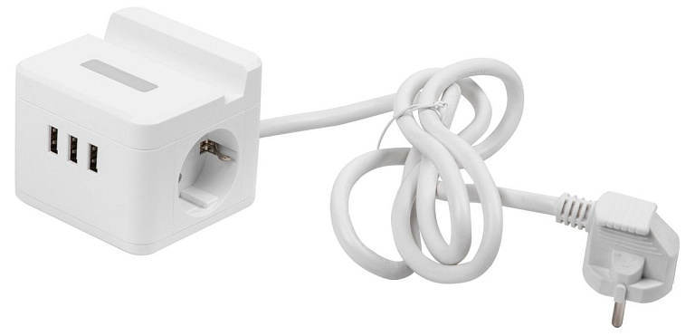 S-GCD2-1,5SBUH WHITE Удлинитель серии Standard, с/з, шнур 1,5м, 2 гнезда, 3 USB, 16А, держатель для телефона. Белый. ТМ Uniel
