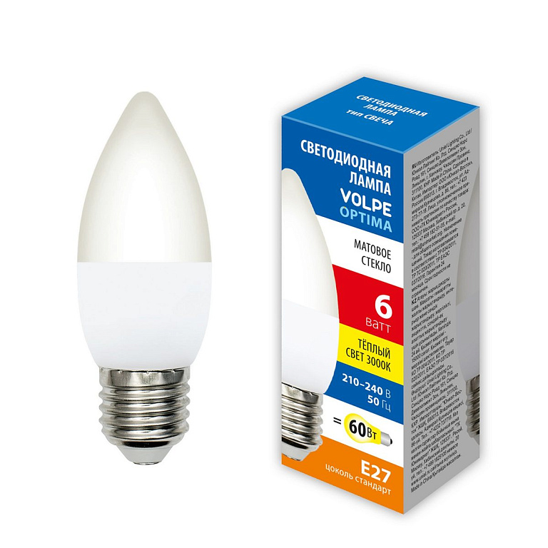 LED-C37-6W/3000K/E27/FR/SLS Лампа светодиодная. Форма свеча, матовая. Теплый белый свет (3000K). ТМ Volpe