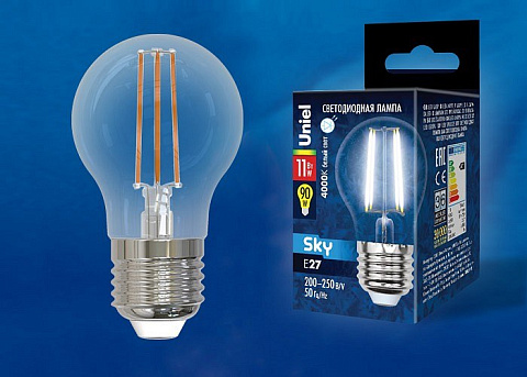 LED-G45-11W/4000K/E27/CL PLS02WH Лампа светодиодная. Форма шар, прозрачная. Серия Sky. Белый свет (4000К). Картон. ТМ Uniel.