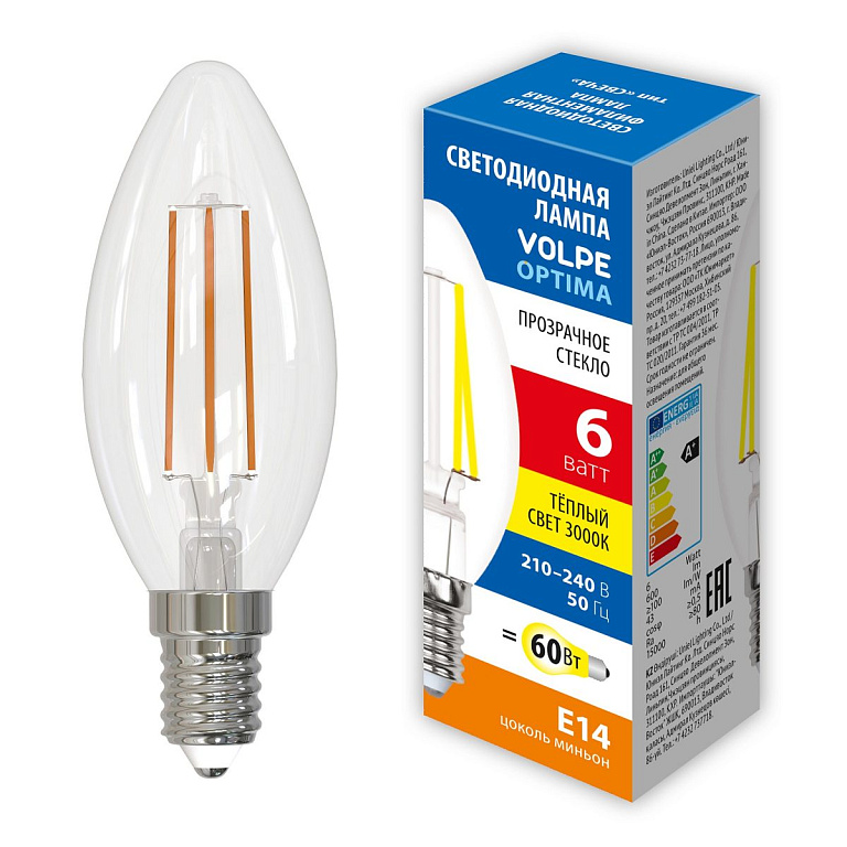LED-C35-6W/3000K/E14/CL/SLF Лампа светодиодная. Форма свеча, прозрачная. Теплый белый свет (3000K). ТМ Volpe