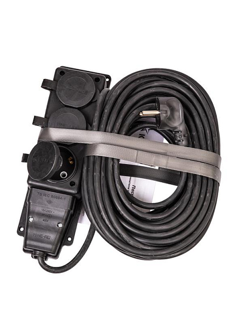 Удлинитель на каучуковой колодке 3х15м 16А IP44 250В 4кВт каучук КГ 3х2.5 черн. УХз16 Россия КОСМОС YKsm15m-3g(16A)KG-B