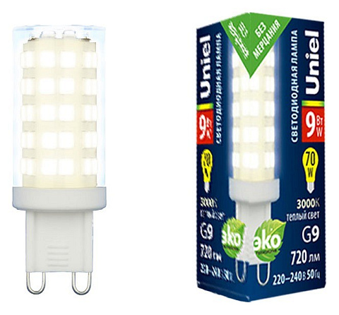 LED-JCD-9W-3000K-G9-CL GLZ09TR Лампа светодиодная. прозрачная. Теплый белый свет 3000К. Картон. ТМ Uniel.