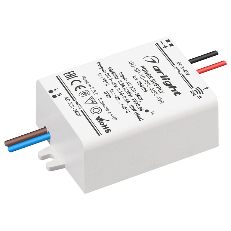 Блок питания ARJ-SP-10-PFC-NFC-WR (10W, 3-45V, 0.15-0.5A) (Arlight, IP20 Пластик, 5 лет)