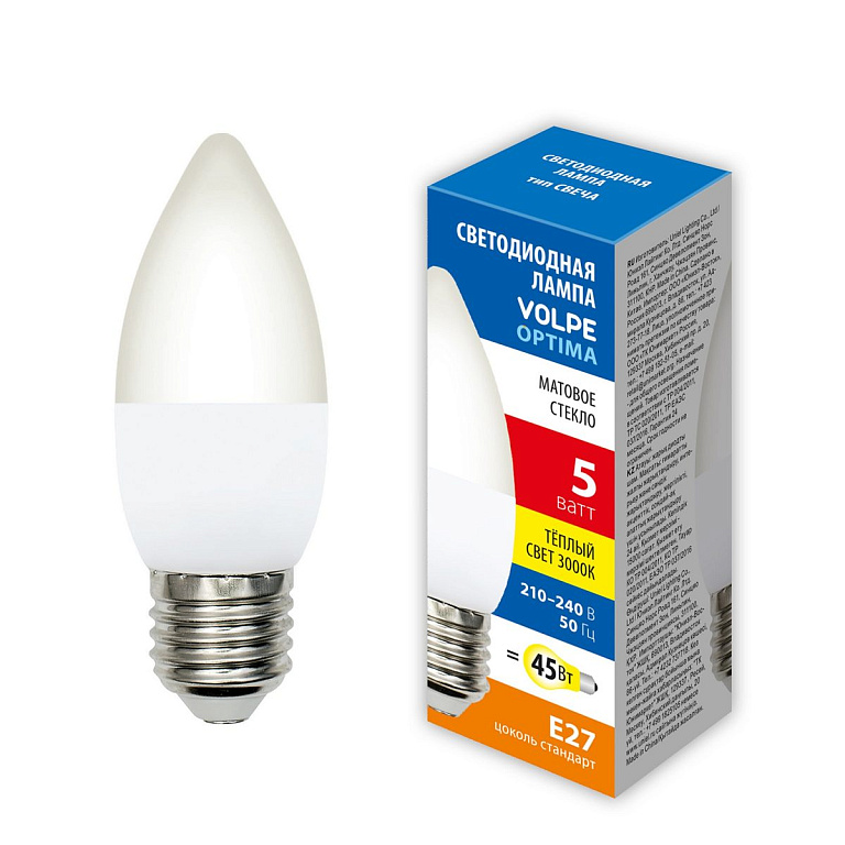 LED-C37-5W/3000K/E27/FR/SLS Лампа светодиодная. Форма свеча, матовая. Теплый белый свет (3000K). ТМ Volpe