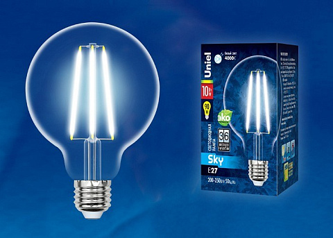 LED-G95-10W/4000K/E27/CL PLS02WH Лампа светодиодная. Форма шар, прозрачная. Серия Sky. Белый свет (4000K). Картон. ТМ Uniel.