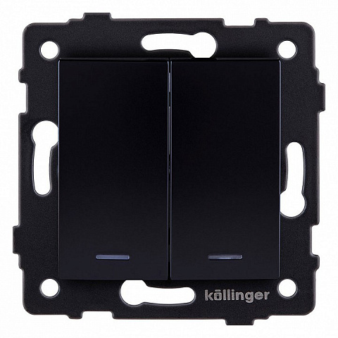 Выключатель кнопочный 2-клавишный 10А/250В с LED подсветкой, изогнутый, черный Kollinger для Aspekt, Eleganz, Reflex