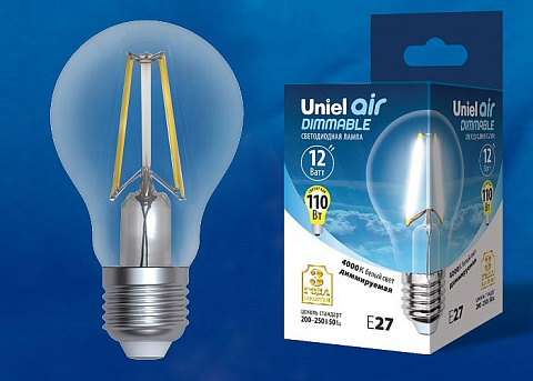 LED-A60-12W/4000K/E27/CL/DIM GLA01TR Лампа светодиодная диммируемая. Форма А, прозрачная. Серия Air. Белый свет (4000K). Картон. ТМ Uni
