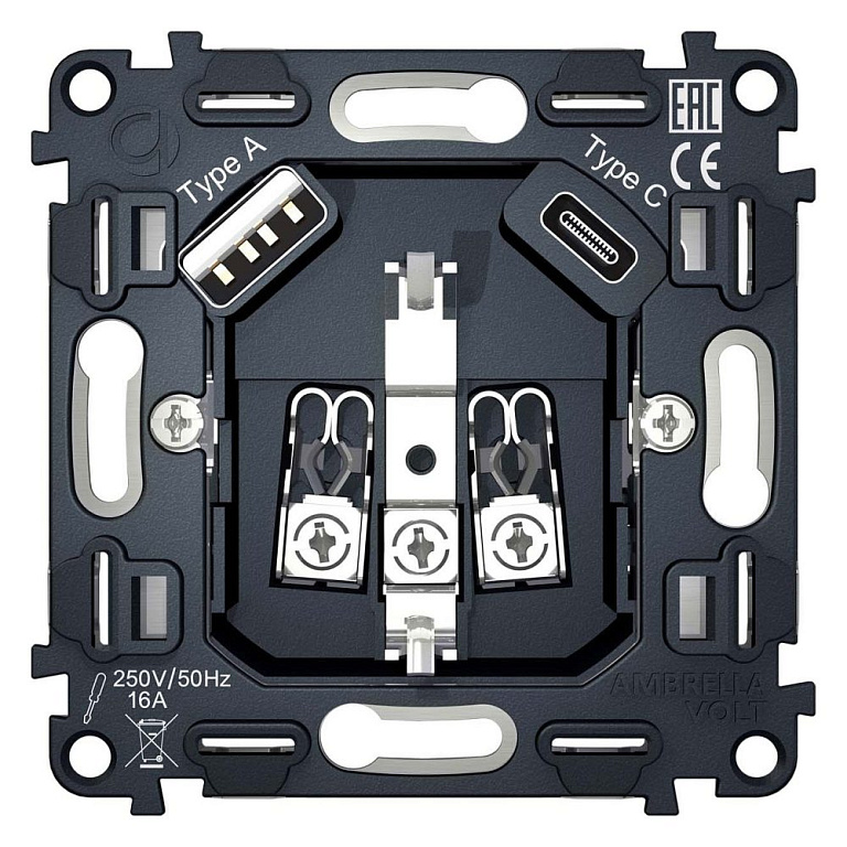 Механизм розетки с заземлением и 2хUSB type A и C Ambrella Volt QUANT VM160