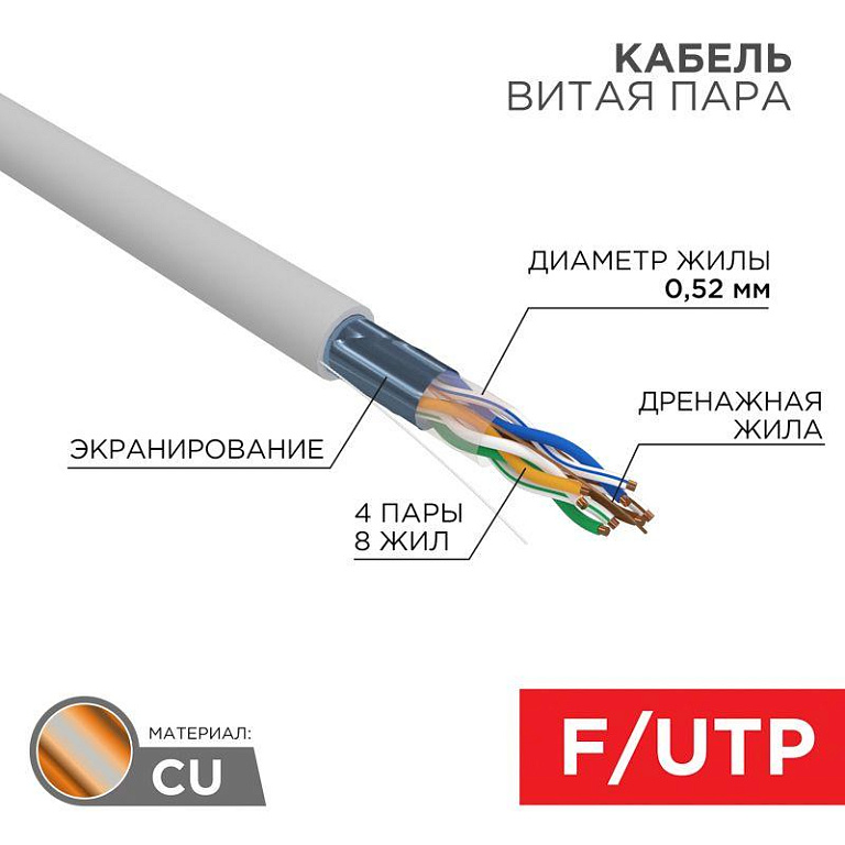 Кабель витая пара F/UTP кат.5E 4х2х0.52 24AWG solid PVC INDOOR сер. (305м) (м) PRO Rexant 02-0025