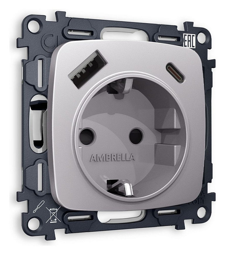 Розетка с заземлением и 2хUSB type A и C, без рамки Ambrella Volt OMEGA MO510010