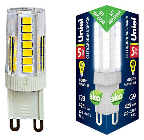 LED-JCD-5W/4000K/G9/CL GLZ09TR Лампа светодиодная, прозрачная. Белый свет (4000К). Картон. ТМ Uniel.