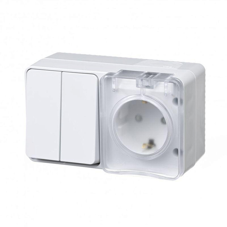 Блок ОП AtlasDesign PROFI IP54 (розетка 1-м 16А заземл. защ. шторки + 2-кл. выключатель 10А) бел. SE ATN540174