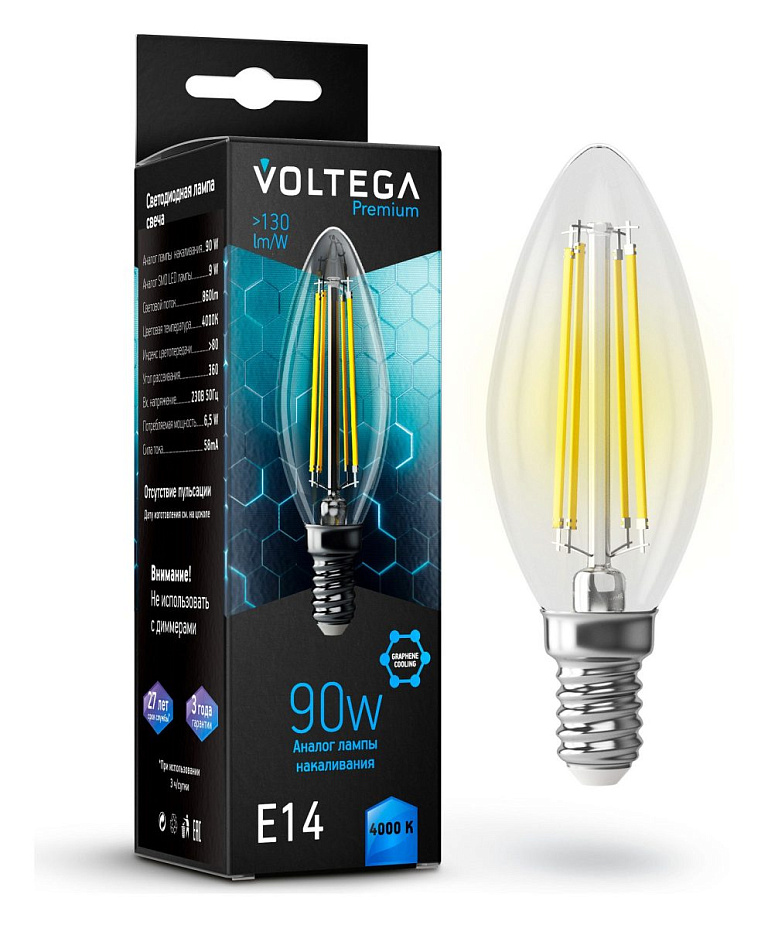 Лампа светодиодная Voltega свеча (Candle) 9Вт графеновая серия (Graphene) E14 7Вт 4000K 7135