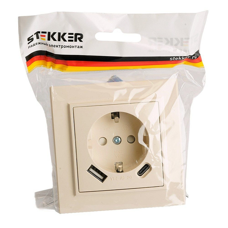 Розетка с заземлением и 2хUSB type A и C, без рамки Stekker Эрна 50077