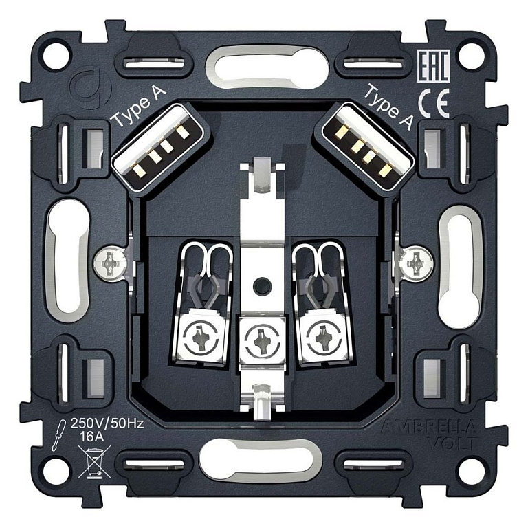 Механизм розетки с заземлением и 2хUSB type A Ambrella Volt QUANT VM155