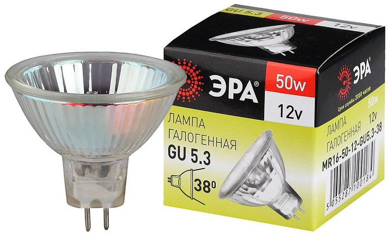 Модель C0027358 Лампа галогенная ЭРА (галоген, софит, 50Вт, нейтр, GU5.3)