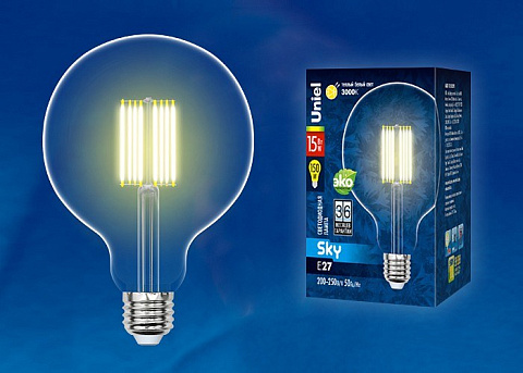 LED-G125-15W/3000K/E27/CL PLS02WH Лампа светодиодная. Форма шар, прозрачная. Серия Sky. Теплый белый свет (3000K). Картон. ТМ Uniel.