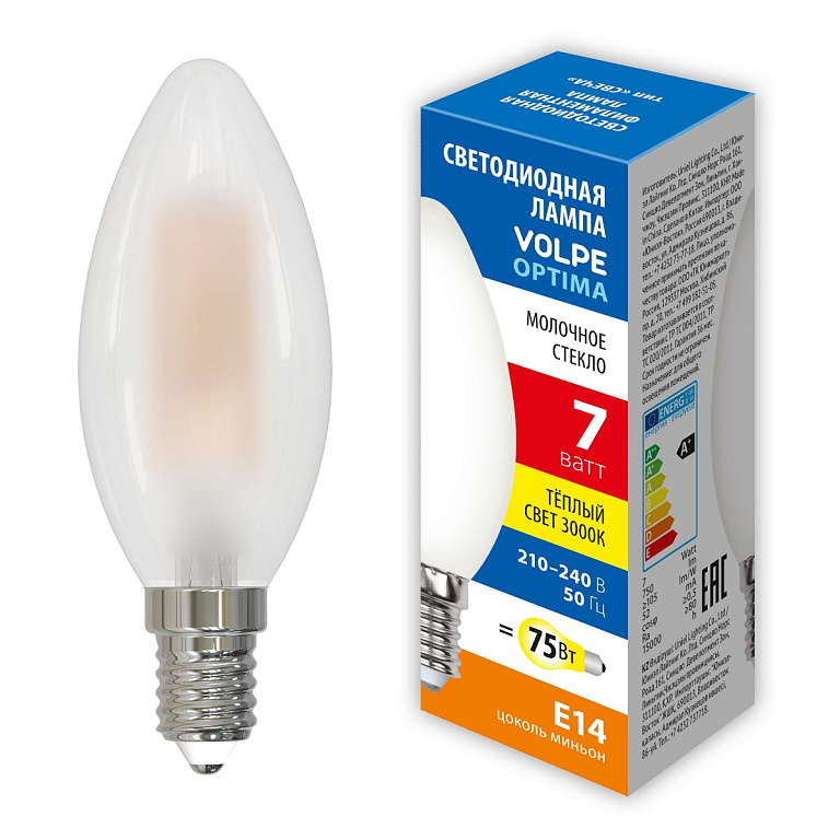 LED-C35-7W/3000K/E14/FR/SLF Лампа светодиодная. Форма свеча, матовая. Теплый белый свет (3000K). ТМ Volpe