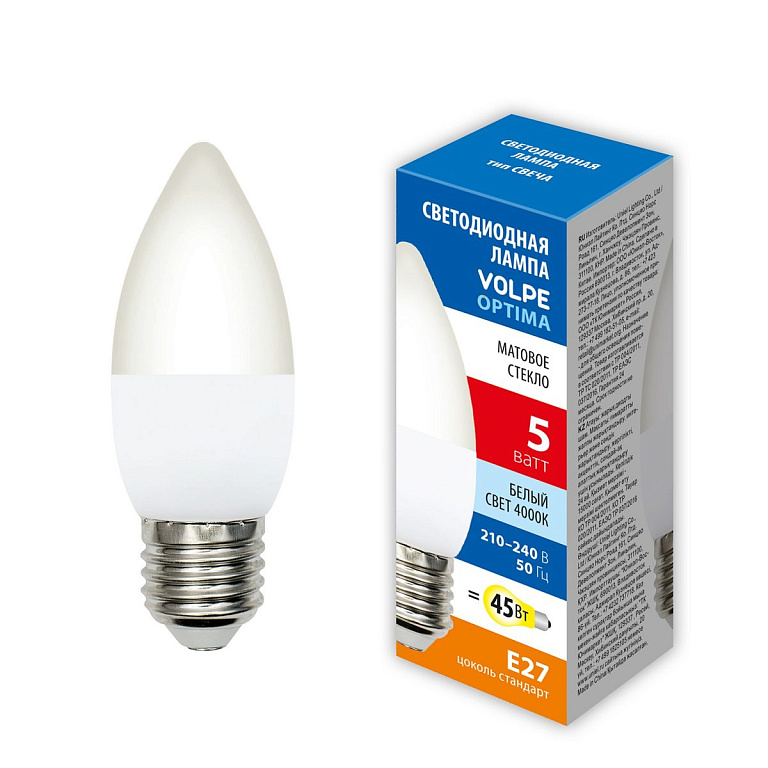 LED-C37-5W/4000K/E27/FR/SLS Лампа светодиодная. Форма свеча, матовая. Белый свет (4000K). ТМ Volpe