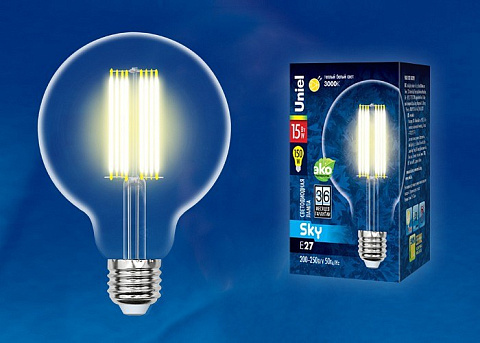 LED-G95-15W/3000K/E27/CL PLS02WH Лампа светодиодная. Форма шар, прозрачная. Серия Sky. Теплый белый свет (3000K). Картон. ТМ Uniel.