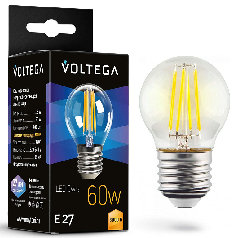 Лампа светодиодная Voltega шар (Globe) E27 6Вт E27 6Вт 3000K 7215