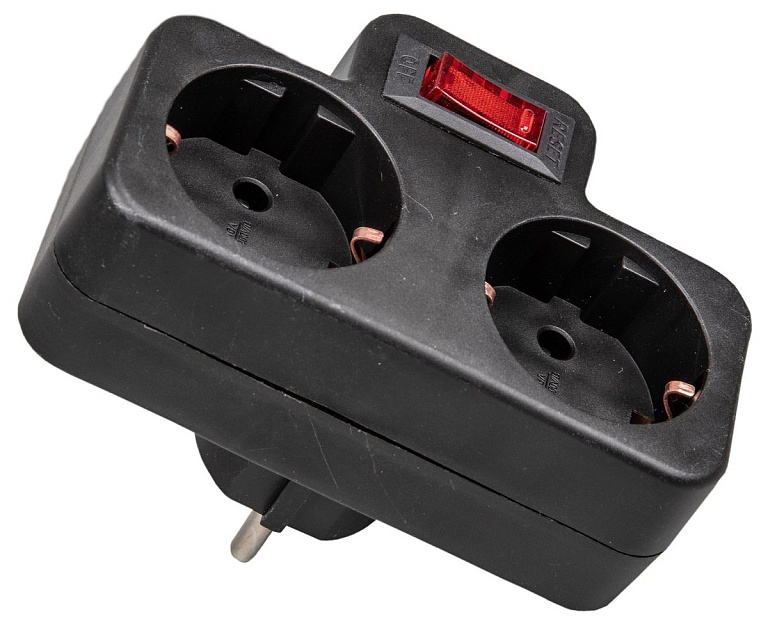 S-GES2-16PB BLACK Разветвитель сетевой с выключателем, с/з. 2 гнезда. 16А, 3500Вт. Черный. ТМ Uniel